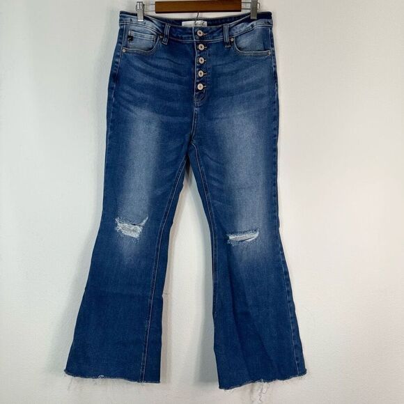 KanCan Peyton High Rise Button Fly Flare Jeans Women’s 31” Distressed Raw Hem - Picture 1 of 12